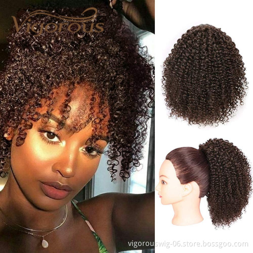 Vigorous High Quality Middle Long Kinky Curly Dark Brown High Temperature Fiber Drawstring Synthetic Ponytail Hair Extension